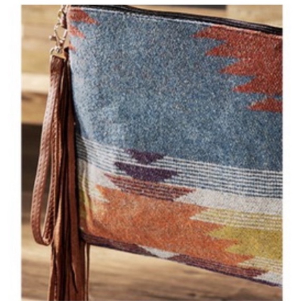 Western Print and Faux Suede Fringe Crossbody/Clutch